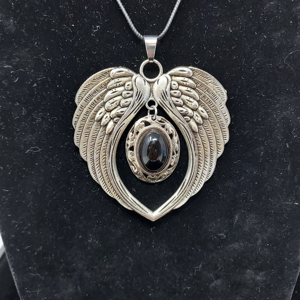 Large Angel Wings Pendant 3" Silver Tone Black Faux Stone Dangle Leather Cord